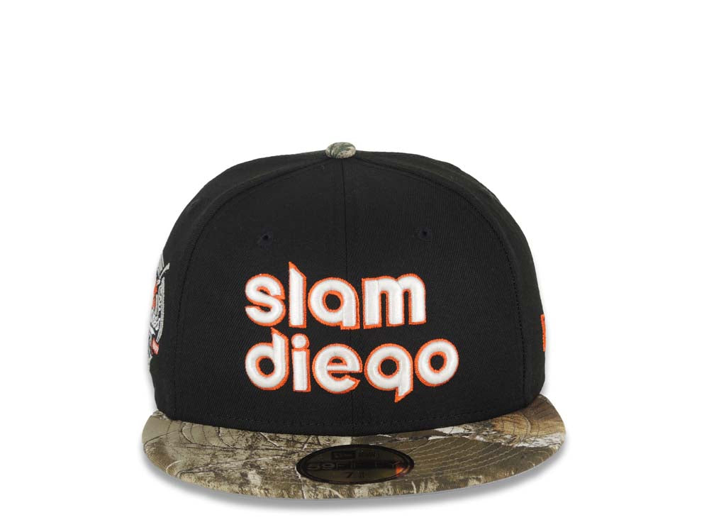 San Diego Padres New Era MLB 59FIFTY 5950 Fitted Cap Hat Black Crown Real Tree Edge Camo Visor Glow White/Orange Slam Logo 40th Anniversary Side Patch