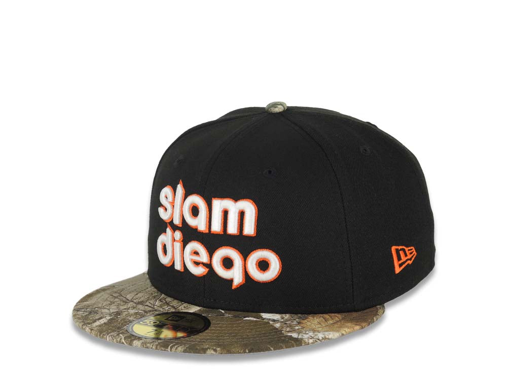 San Diego Padres New Era MLB 59FIFTY 5950 Fitted Cap Hat Black Crown Real Tree Edge Camo Visor Glow White/Orange Slam Logo 40th Anniversary Side Patch