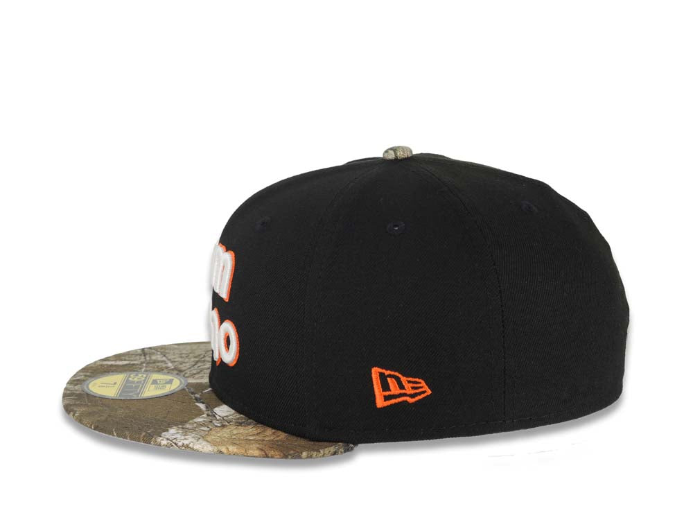 San Diego Padres New Era MLB 59FIFTY 5950 Fitted Cap Hat Black Crown Real Tree Edge Camo Visor Glow White/Orange Slam Logo 40th Anniversary Side Patch