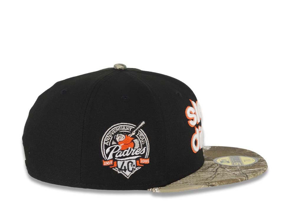 San Diego Padres New Era MLB 59FIFTY 5950 Fitted Cap Hat Black Crown Real Tree Edge Camo Visor Glow White/Orange Slam Logo 40th Anniversary Side Patch