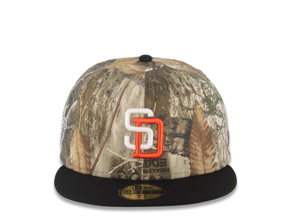 San Diego Padres New Era MLB 59FIFTY 5950 Fitted Cap Hat Real Tree Edge Camo Crown Black Visor White/Orange Logo 1998 World Series Side Patch Gray