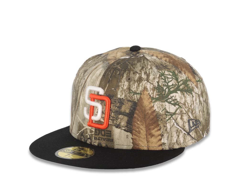 San Diego Padres New Era MLB 59FIFTY 5950 Fitted Cap Hat Real Tree Edge Camo Crown Black Visor White/Orange Logo 1998 World Series Side Patch Gray