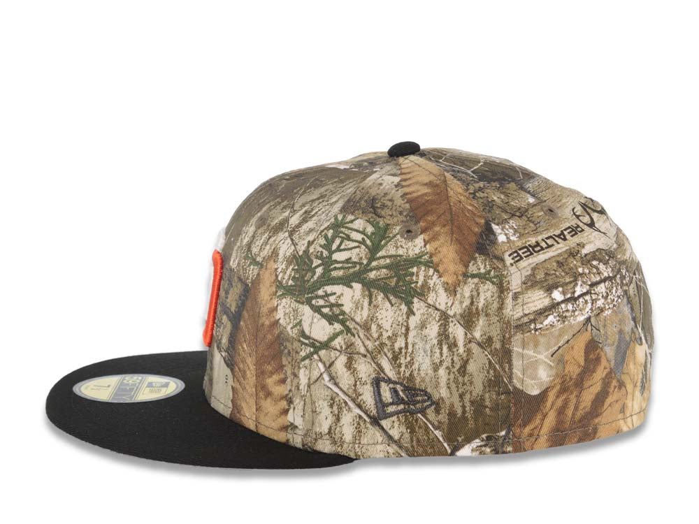 San Diego Padres New Era MLB 59FIFTY 5950 Fitted Cap Hat Real Tree Edge Camo Crown Black Visor White/Orange Logo 1998 World Series Side Patch Gray