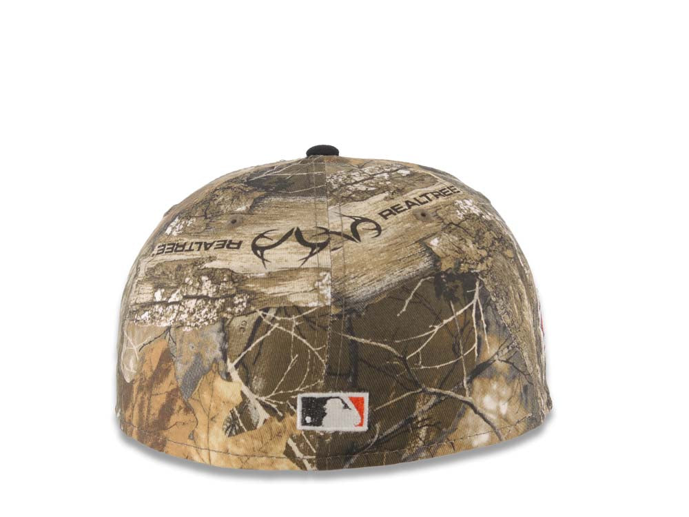 San Diego Padres New Era MLB 59FIFTY 5950 Fitted Cap Hat Real Tree Edge Camo Crown Black Visor White/Orange Logo 1998 World Series Side Patch Gray
