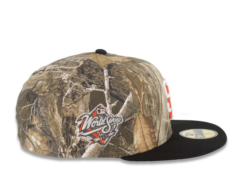 San Diego Padres New Era MLB 59FIFTY 5950 Fitted Cap Hat Real Tree Edge Camo Crown Black Visor White/Orange Logo 1998 World Series Side Patch Gray