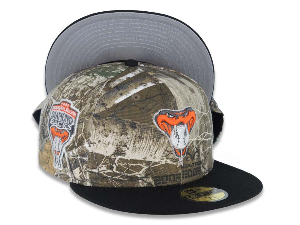 Arizona Diamondbacks New Era MLB 59FIFTY 5950 Fitted Cap Hat Real Tree Edge Camo Crown Black Visor Orange/Glow White Snake Logo 1998 Inaugural Season