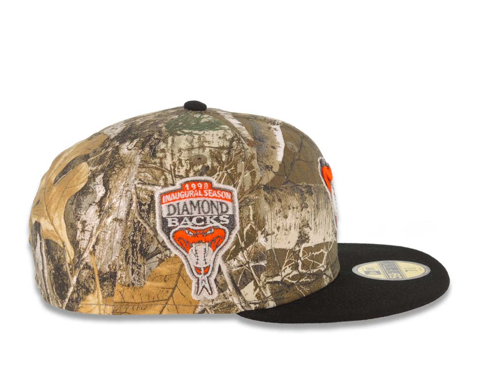 Arizona Diamondbacks New Era MLB 59FIFTY 5950 Fitted Cap Hat Real Tree Edge Camo Crown Black Visor Orange/Glow White Snake Logo 1998 Inaugural Season
