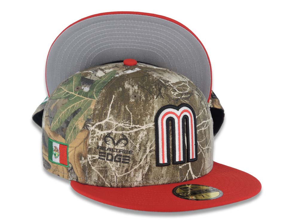 Mexico New Era 59FIFTY 5950 Fitted Cap Hat Real Tree Edge Camo Crown Red Visor Glow White/Red Logo Mexico Flag Side Patch Gray UV