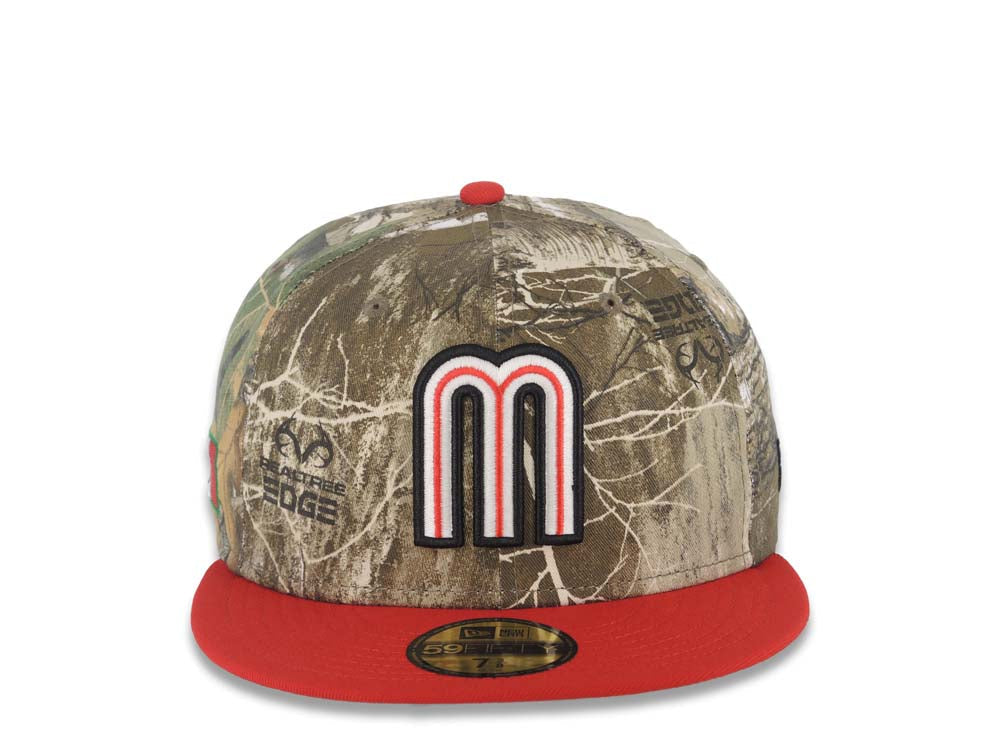 Mexico New Era 59FIFTY 5950 Fitted Cap Hat Real Tree Edge Camo Crown Red Visor Glow White/Red Logo Mexico Flag Side Patch Gray UV