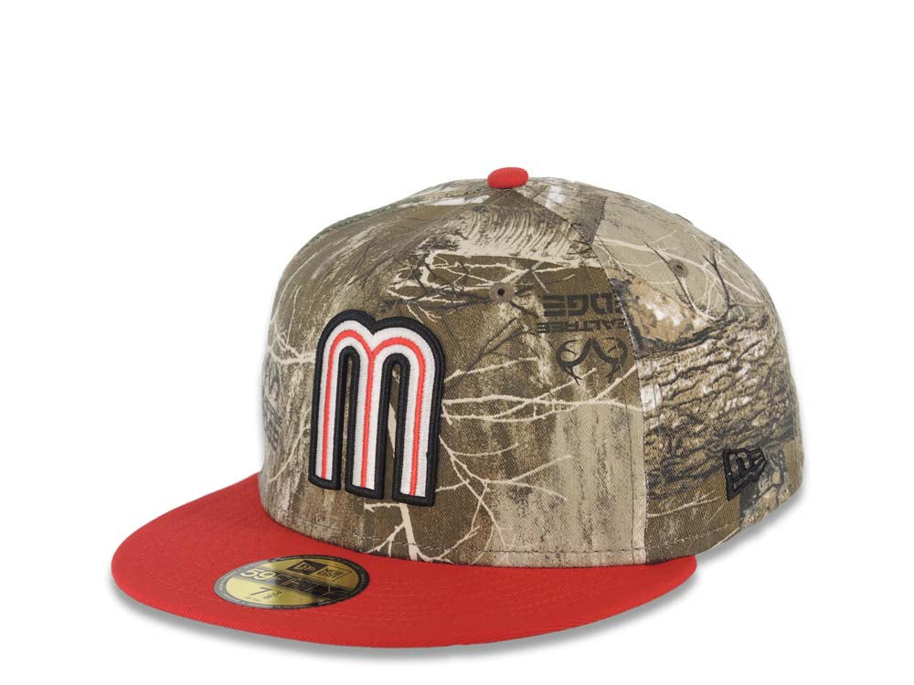 Mexico New Era 59FIFTY 5950 Fitted Cap Hat Real Tree Edge Camo Crown Red Visor Glow White/Red Logo Mexico Flag Side Patch Gray UV