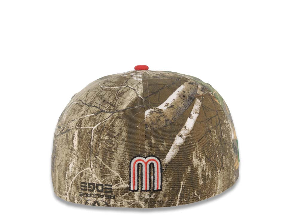 Mexico New Era 59FIFTY 5950 Fitted Cap Hat Real Tree Edge Camo Crown Red Visor Glow White/Red Logo Mexico Flag Side Patch Gray UV