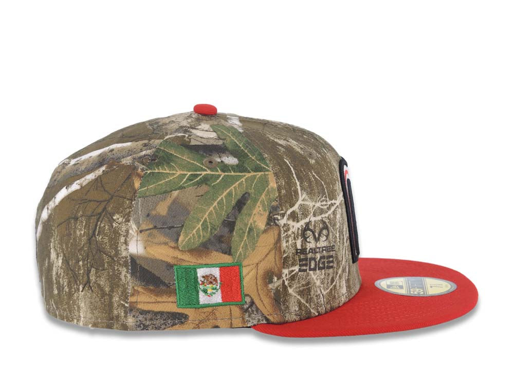 Mexico New Era 59FIFTY 5950 Fitted Cap Hat Real Tree Edge Camo Crown Red Visor Glow White/Red Logo Mexico Flag Side Patch Gray UV