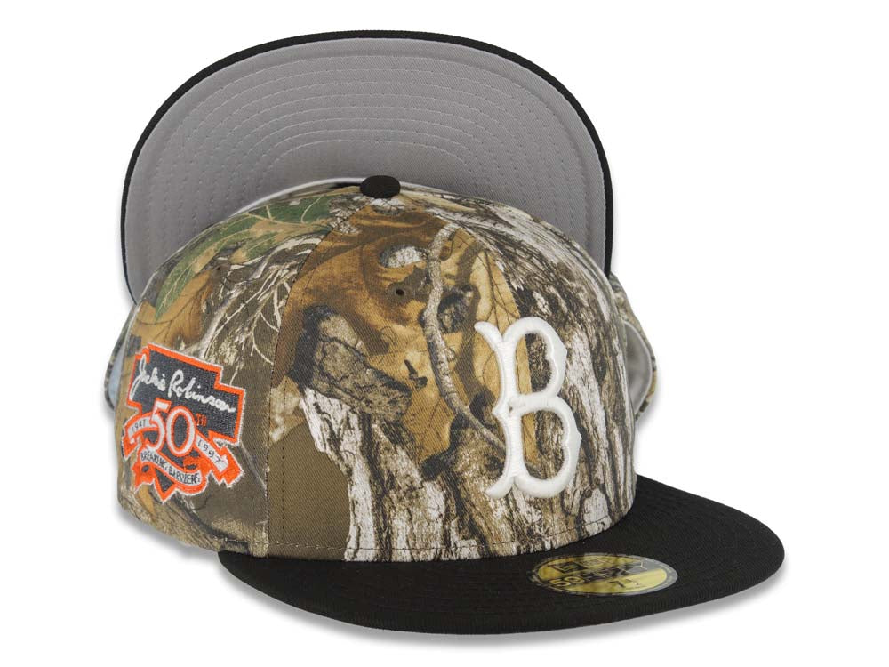 Brooklyn Dodgers New Era MLB 59FIFTY 5950 Fitted Cap Hat Real Tree Camo Crown Black Visor White Logo Jackie Robinson 50th Anniversary Side Patch