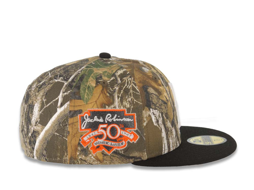 Brooklyn Dodgers New Era MLB 59FIFTY 5950 Fitted Cap Hat Real Tree Camo Crown Black Visor White Logo Jackie Robinson 50th Anniversary Side Patch