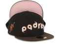 San Diego Padres New Era MLB 59FIFTY 5950 Fitted Cap Hat Black Crown Brown Visor Cream/Red/Metallic Gray Script Logo Catching Friar Side Patch Pink UV