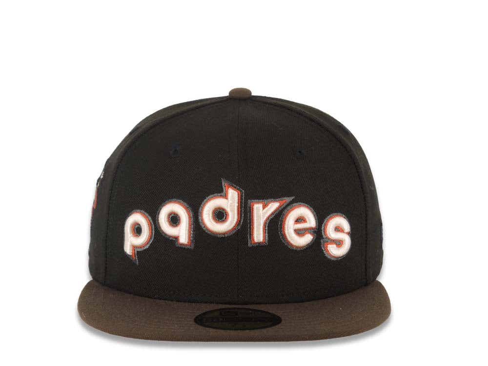 San Diego Padres New Era MLB 59FIFTY 5950 Fitted Cap Hat Black Crown Brown Visor Cream/Red/Metallic Gray Script Logo Catching Friar Side Patch Pink UV