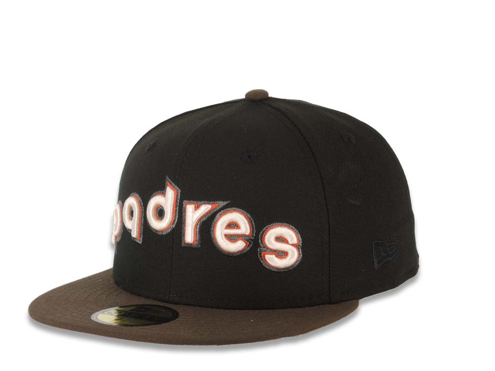 San Diego Padres New Era MLB 59FIFTY 5950 Fitted Cap Hat Black Crown Brown Visor Cream/Red/Metallic Gray Script Logo Catching Friar Side Patch Pink UV