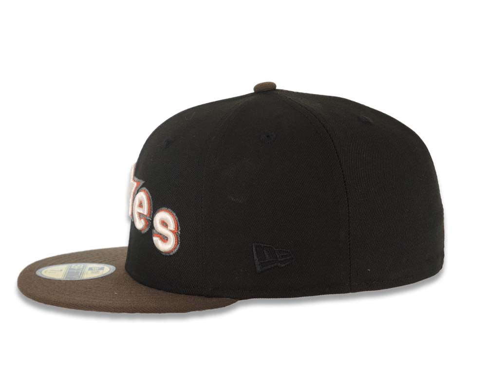 San Diego Padres New Era MLB 59FIFTY 5950 Fitted Cap Hat Black Crown Brown Visor Cream/Red/Metallic Gray Script Logo Catching Friar Side Patch Pink UV