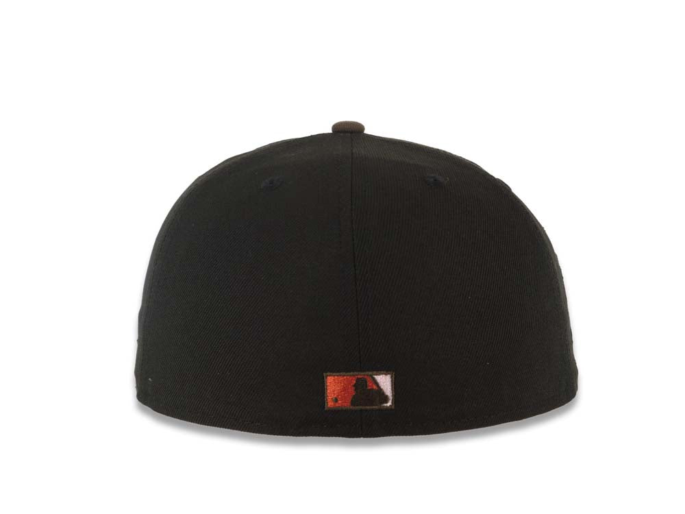 San Diego Padres New Era MLB 59FIFTY 5950 Fitted Cap Hat Black Crown Brown Visor Cream/Red/Metallic Gray Script Logo Catching Friar Side Patch Pink UV