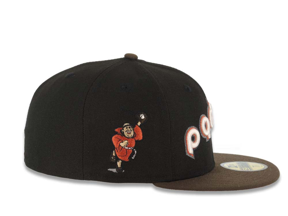 San Diego Padres New Era MLB 59FIFTY 5950 Fitted Cap Hat Black Crown Brown Visor Cream/Red/Metallic Gray Script Logo Catching Friar Side Patch Pink UV