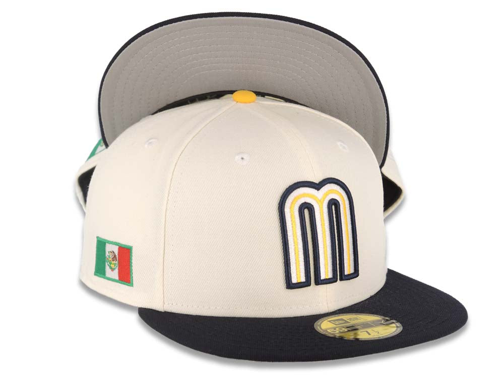 Mexico New Era 59FIFTY 5950 Fitted Cap Hat Cream Crown Navy Blue Visor Yellow/White/Navy Logo Mexico Flag Side Patch Gray UV