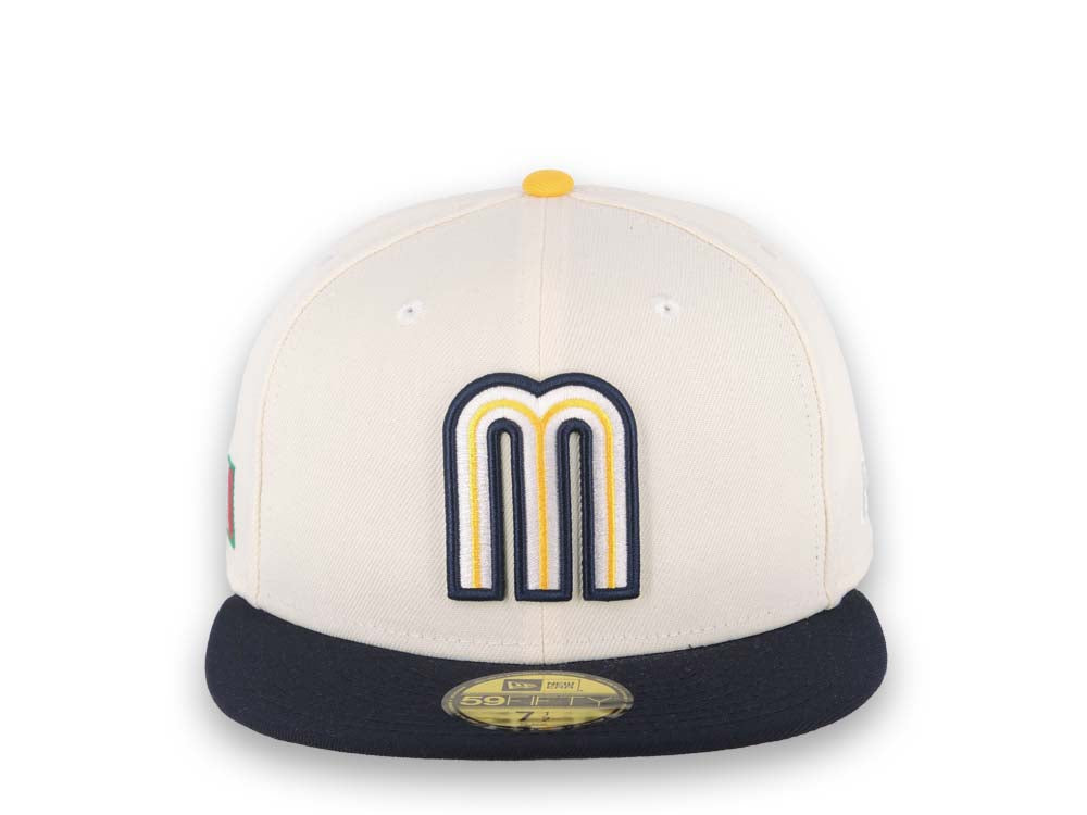 Mexico New Era 59FIFTY 5950 Fitted Cap Hat Cream Crown Navy Blue Visor Yellow/White/Navy Logo Mexico Flag Side Patch Gray UV