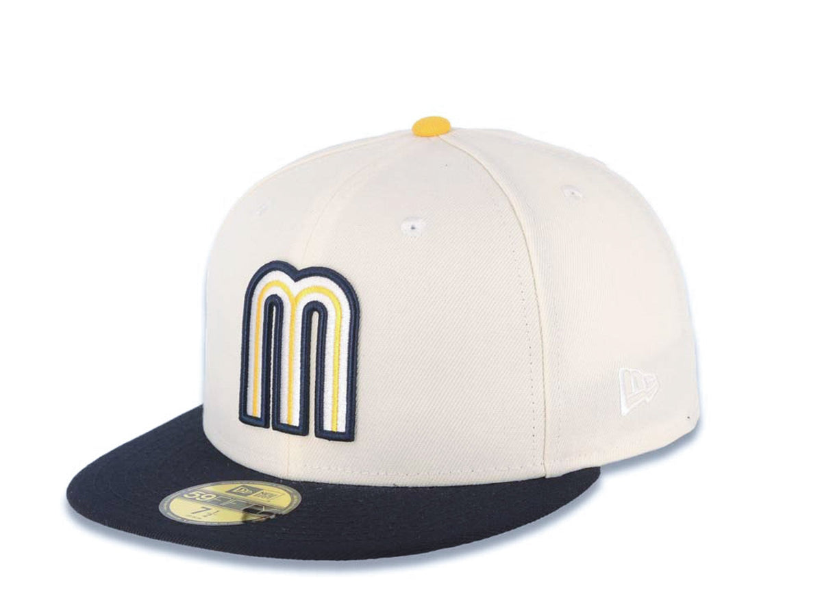 Mexico New Era 59FIFTY 5950 Fitted Cap Hat Cream Crown Navy Blue Visor Yellow/White/Navy Logo Mexico Flag Side Patch Gray UV