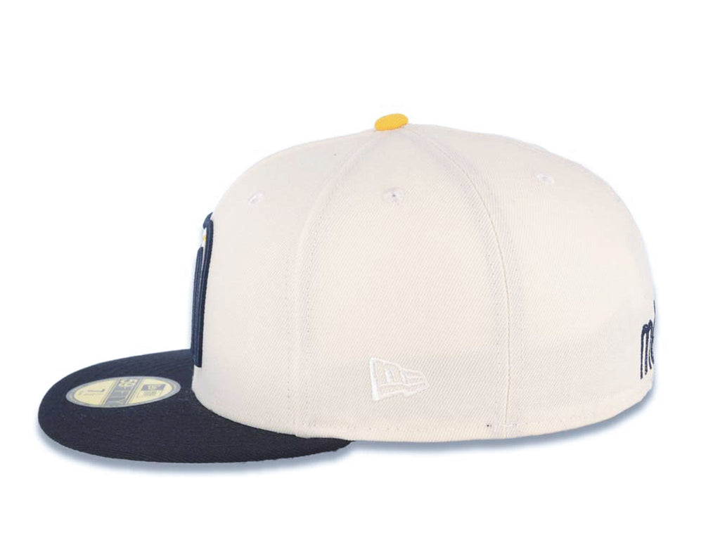 Mexico New Era 59FIFTY 5950 Fitted Cap Hat Cream Crown Navy Blue Visor Yellow/White/Navy Logo Mexico Flag Side Patch Gray UV