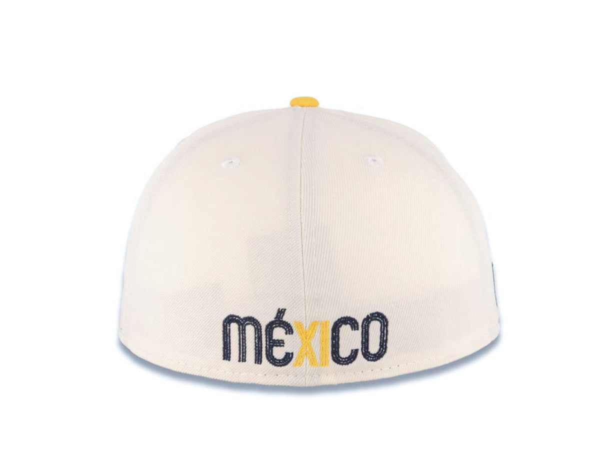 Mexico New Era 59FIFTY 5950 Fitted Cap Hat Cream Crown Navy Blue Visor Yellow/White/Navy Logo Mexico Flag Side Patch Gray UV