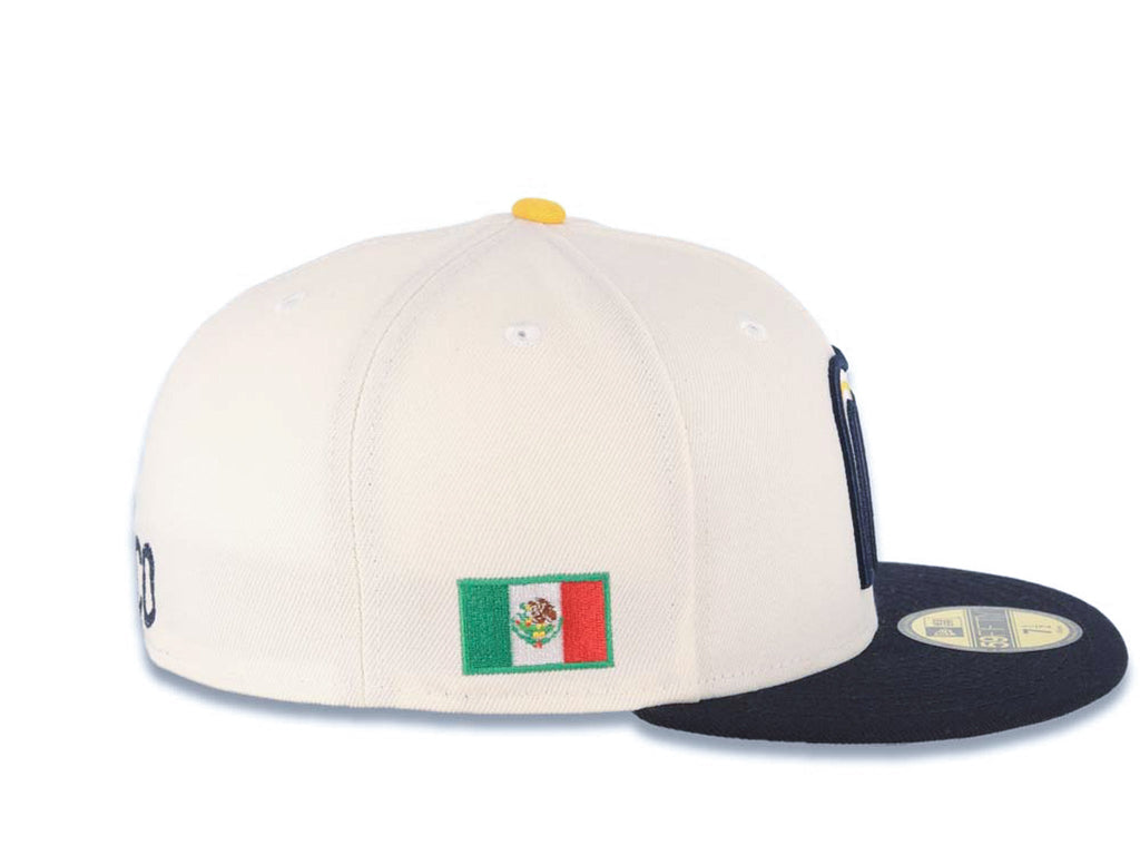 Mexico New Era 59FIFTY 5950 Fitted Cap Hat Cream Crown Navy Blue Visor Yellow/White/Navy Logo Mexico Flag Side Patch Gray UV