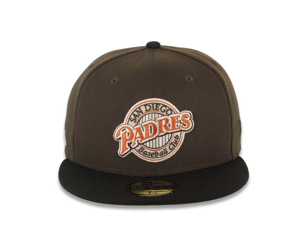 San Diego Padres New Era MLB 59FIFTY 5950 Fitted Cap Hat Brown Crown Black Visor Dark Orange Baseball Club Logo Batterman Batty Side Patch Green UV