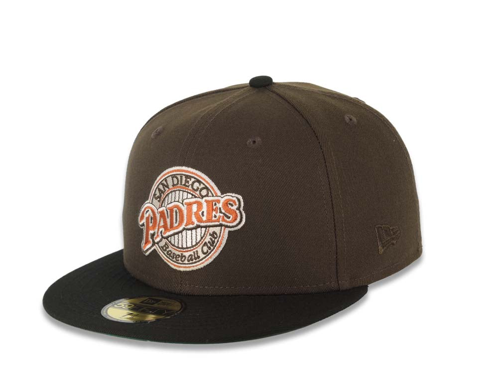 San Diego Padres New Era MLB 59FIFTY 5950 Fitted Cap Hat Brown Crown Black Visor Dark Orange Baseball Club Logo Batterman Batty Side Patch Green UV