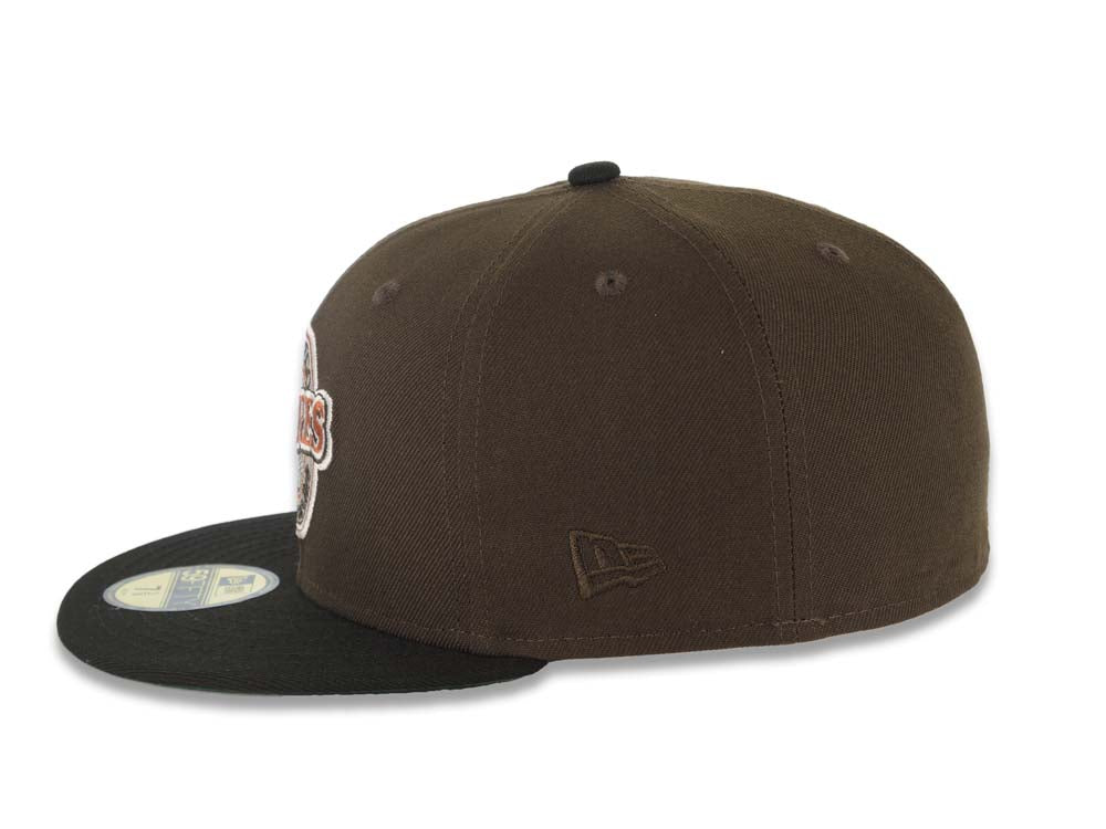 San Diego Padres New Era MLB 59FIFTY 5950 Fitted Cap Hat Brown Crown Black Visor Dark Orange Baseball Club Logo Batterman Batty Side Patch Green UV