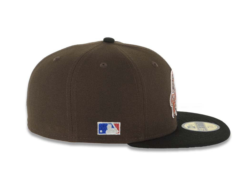 San Diego Padres New Era MLB 59FIFTY 5950 Fitted Cap Hat Brown Crown Black Visor Dark Orange Baseball Club Logo Batterman Batty Side Patch Green UV