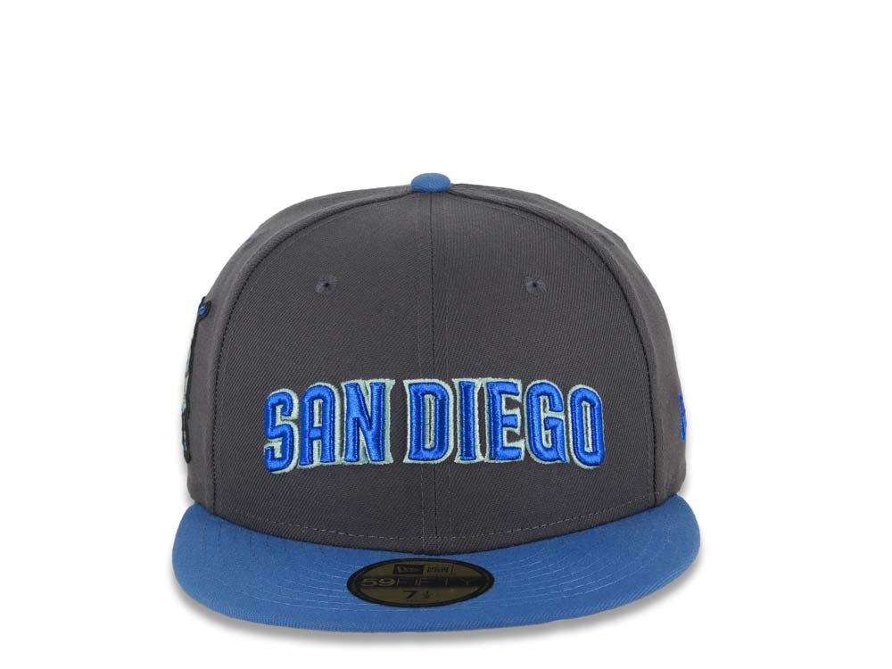 San Diego Padres New Era MLB 59FIFTY 5950 Fitted Cap Hat Dark Gray Crown Blue Visor Sky Blue/Moss Green Script Logo Batting Friar Side Patch Gray UV