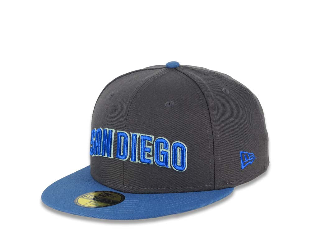 San Diego Padres New Era MLB 59FIFTY 5950 Fitted Cap Hat Dark Gray Crown Blue Visor Sky Blue/Moss Green Script Logo Batting Friar Side Patch Gray UV