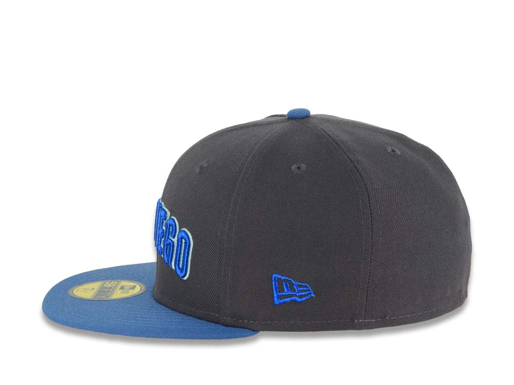 San Diego Padres New Era MLB 59FIFTY 5950 Fitted Cap Hat Dark Gray Crown Blue Visor Sky Blue/Moss Green Script Logo Batting Friar Side Patch Gray UV