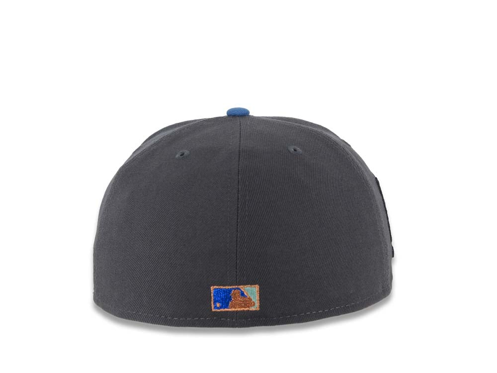 San Diego Padres New Era MLB 59FIFTY 5950 Fitted Cap Hat Dark Gray Crown Blue Visor Sky Blue/Moss Green Script Logo Batting Friar Side Patch Gray UV