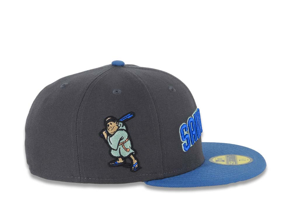 San Diego Padres New Era MLB 59FIFTY 5950 Fitted Cap Hat Dark Gray Crown Blue Visor Sky Blue/Moss Green Script Logo Batting Friar Side Patch Gray UV