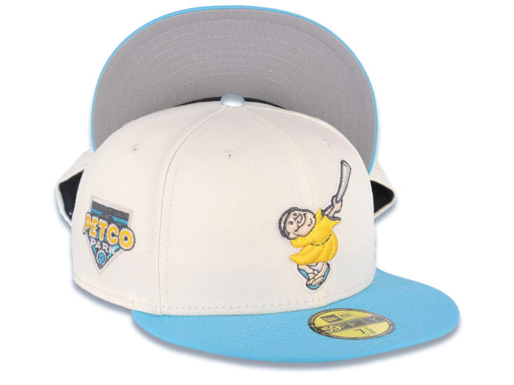 San Diego Padres New Era MLB 59FIFTY 5950 Fitted Cap Hat Cream Crown Blue Visor Yellow/Metallic Silver Swinging Friar Logo Petco Park Side Patch