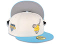 San Diego Padres New Era MLB 59FIFTY 5950 Fitted Cap Hat Cream Crown Blue Visor Yellow/Metallic Silver Swinging Friar Logo Petco Park Side Patch