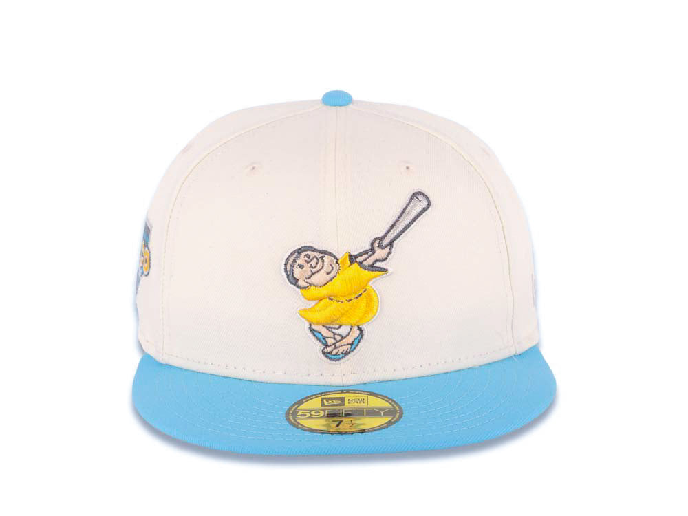 San Diego Padres New Era MLB 59FIFTY 5950 Fitted Cap Hat Cream Crown Blue Visor Yellow/Metallic Silver Swinging Friar Logo Petco Park Side Patch