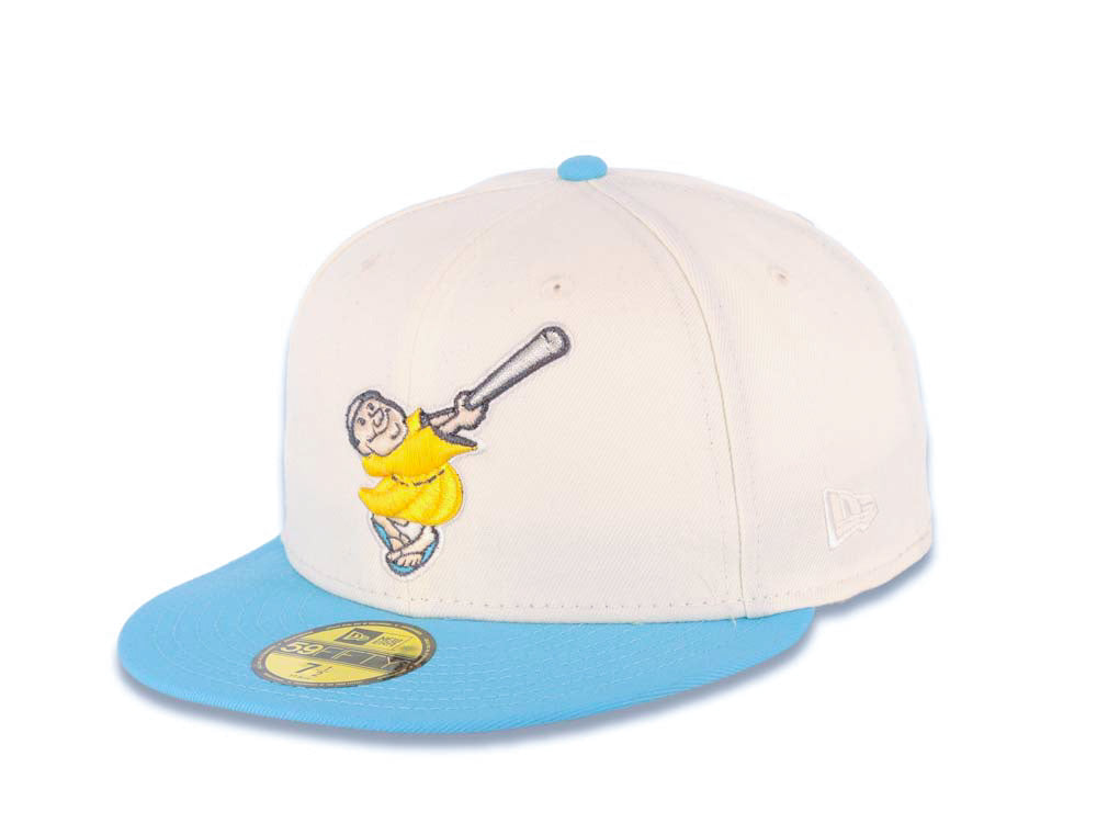 San Diego Padres New Era MLB 59FIFTY 5950 Fitted Cap Hat Cream Crown Blue Visor Yellow/Metallic Silver Swinging Friar Logo Petco Park Side Patch