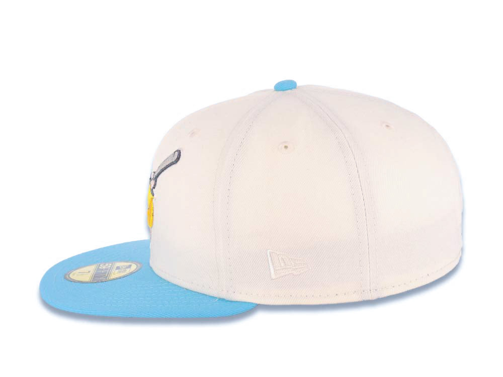 San Diego Padres New Era MLB 59FIFTY 5950 Fitted Cap Hat Cream Crown Blue Visor Yellow/Metallic Silver Swinging Friar Logo Petco Park Side Patch