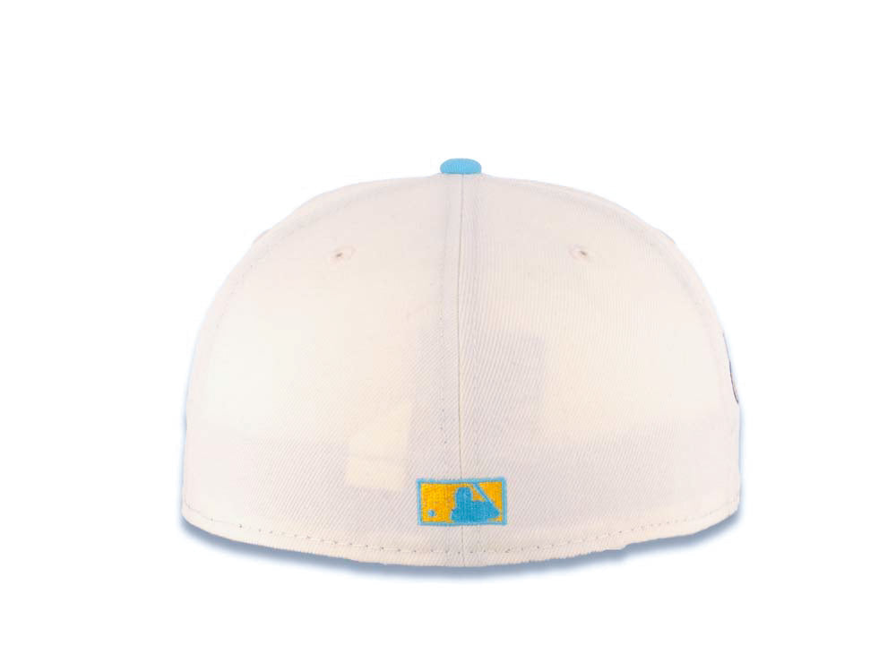 San Diego Padres New Era MLB 59FIFTY 5950 Fitted Cap Hat Cream Crown Blue Visor Yellow/Metallic Silver Swinging Friar Logo Petco Park Side Patch