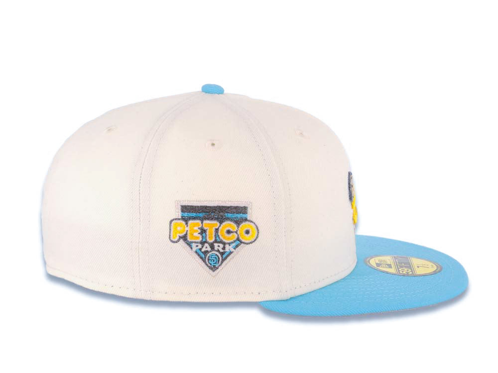 San Diego Padres New Era MLB 59FIFTY 5950 Fitted Cap Hat Cream Crown Blue Visor Yellow/Metallic Silver Swinging Friar Logo Petco Park Side Patch