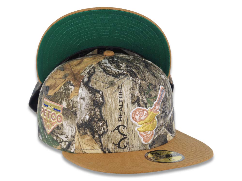 San Diego Padres New Era MLB 59FIFTY 5950 Fitted Cap Hat Real Tree Edge Crown Bronze Visor Metallic Gold Friar Logo Petco Park Side Patch