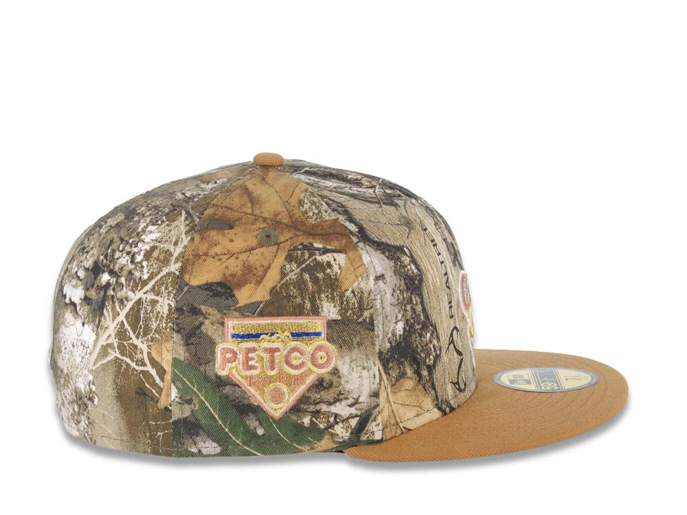 San Diego Padres New Era MLB 59FIFTY 5950 Fitted Cap Hat Real Tree Edge Crown Bronze Visor Metallic Gold Friar Logo Petco Park Side Patch