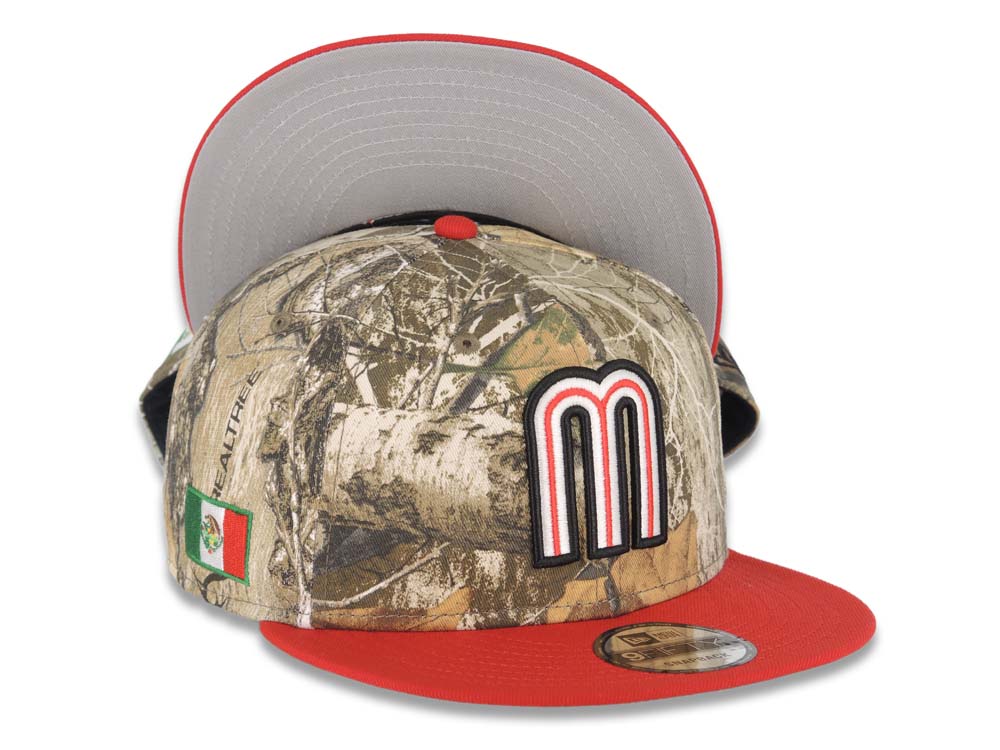 Mexico New Era 9FIFTY 950 Snapback Cap Hat Real Tree Edge Camo Crown Red Visor Glow White/Red “M” Logo Mexico Flag Side Patch