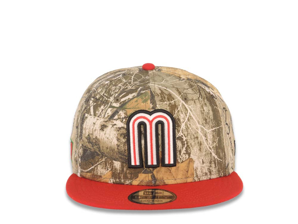 Mexico New Era 9FIFTY 950 Snapback Cap Hat Real Tree Edge Camo Crown Red Visor Glow White/Red “M” Logo Mexico Flag Side Patch